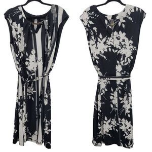 Luxology Womens‎ Sleeveless Belted Midi Dress Sz 2X Black White Floral Stretch